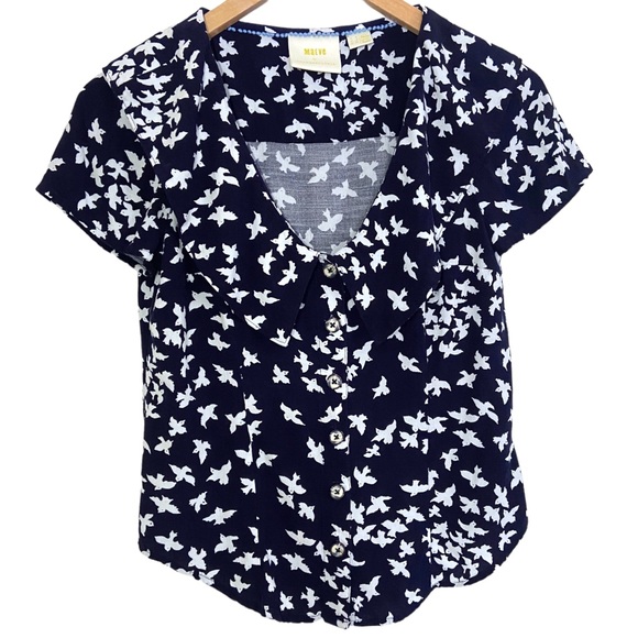 Maeve for Anthropologie Austin Navy and White Bird Print Blouse, size 2 - Picture 3 of 9